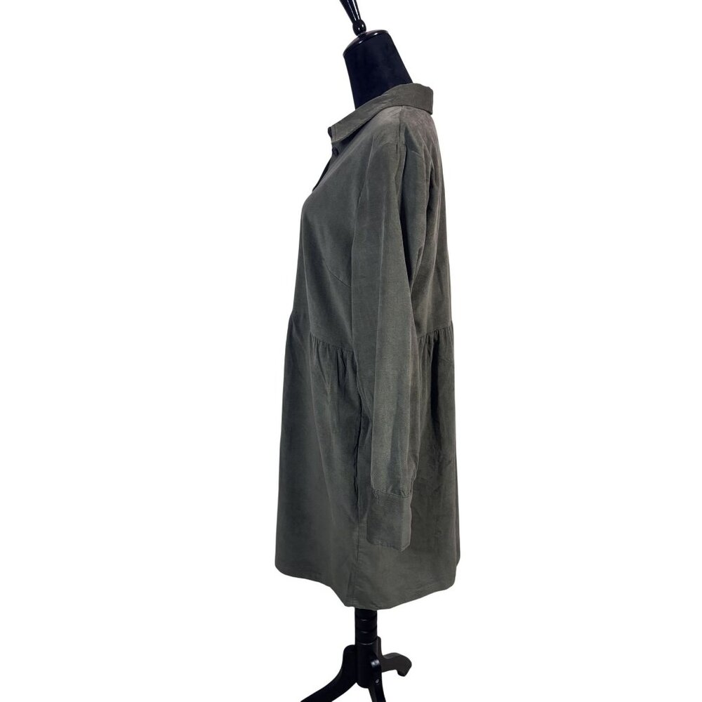 Nine West Empire Waist Olive Green Corduroy Babydoll Shirt Dress - Picture 12 of 14